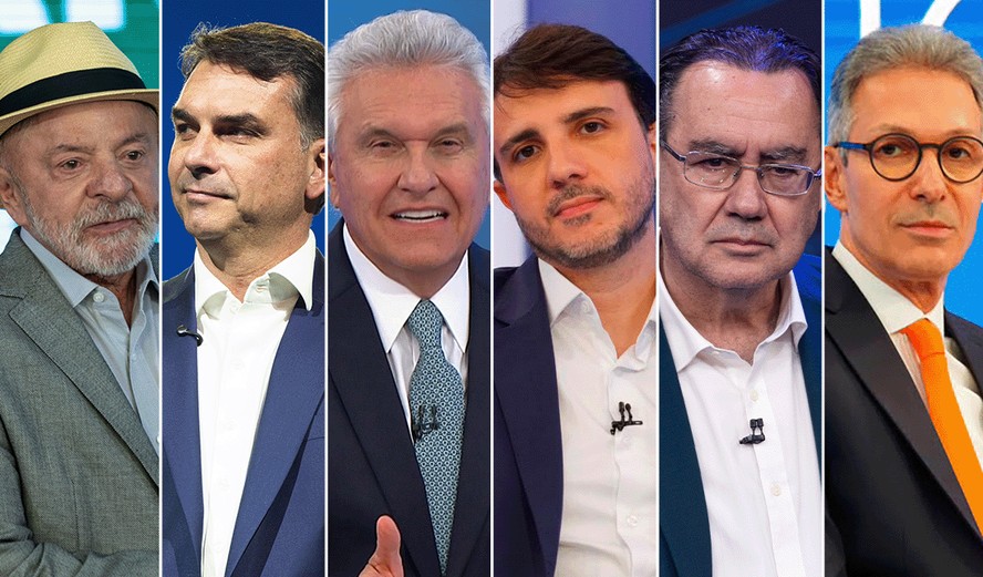 Candidatos a presidente: Lula, Flávio, Caiado, Renan Santos, Cury e Zema